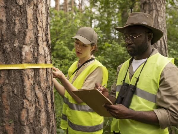 New-Project-10-opt Two forest workers in high-visibility vests measure a tree with a tape and record data on a clipboard in a wooded area.
